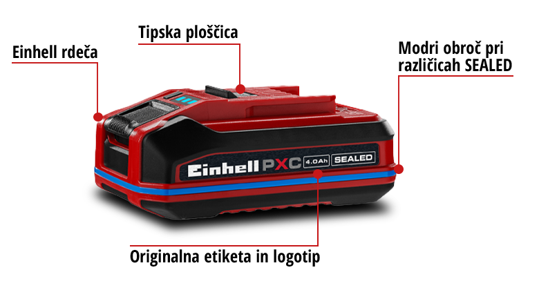 Einhell Power X-Change SEALED baterija z modrim obročem, tipsko oznako in originalnim brendiranjem v pregledni grafiki.
