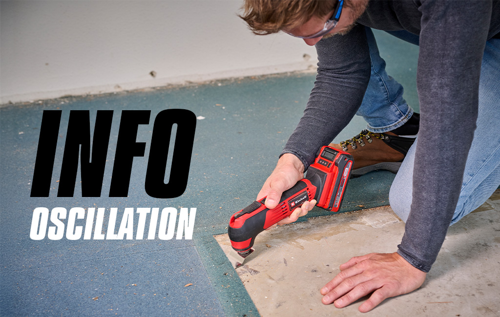 Moški uporablja Einhell akumulatorsko multitool orodje za odstranjevanje talne obloge ob robu, z napisom »Info osciliranje« na sliki.