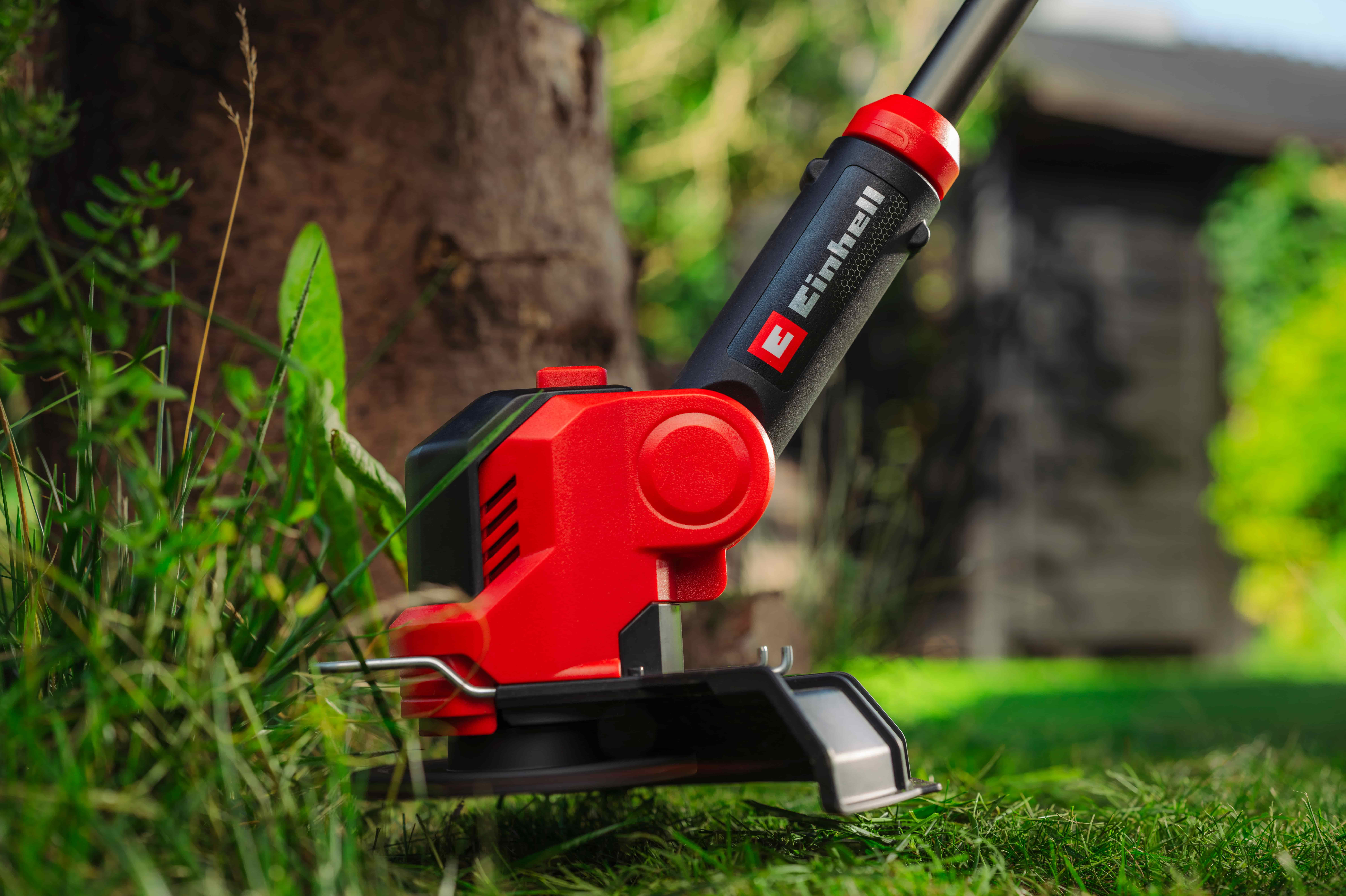 Einhell trimer reže travo okoli drevesa na vrtu.