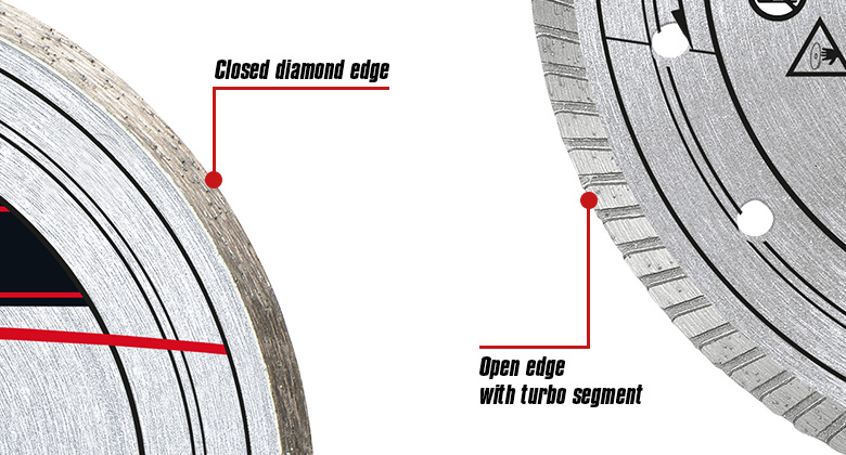 Nahaufnahme einer Diamant-Trennscheibe mit geschlossenem Rand und einer mit offenem Rand mit Turbosegment.