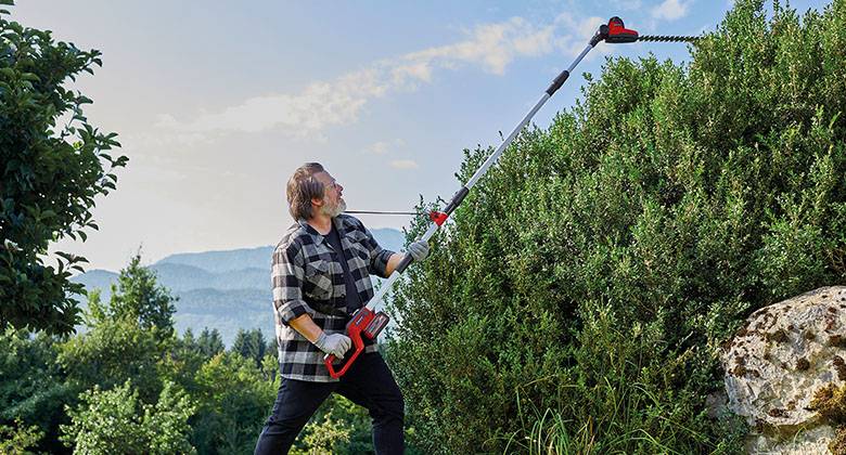 man cutting hedge with cordless pole hedge trimmer