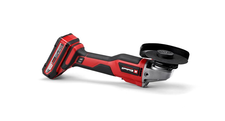 Side view of a cordless angle grinder with a mounted grinding disc.